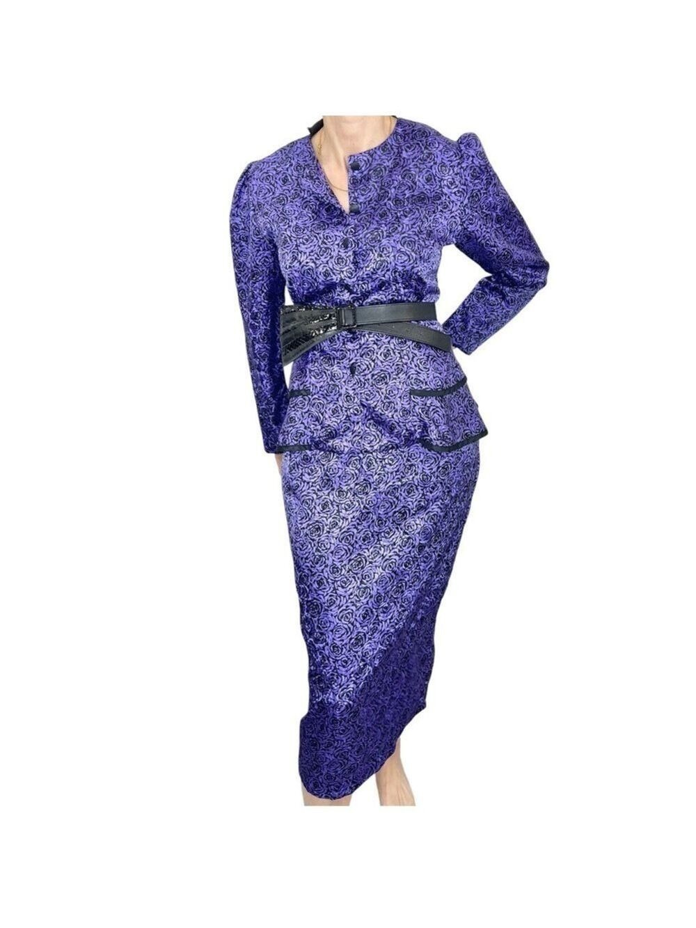 Vintage 80s 90s The French Fact purple black floral satin blouse skirt set 7-8